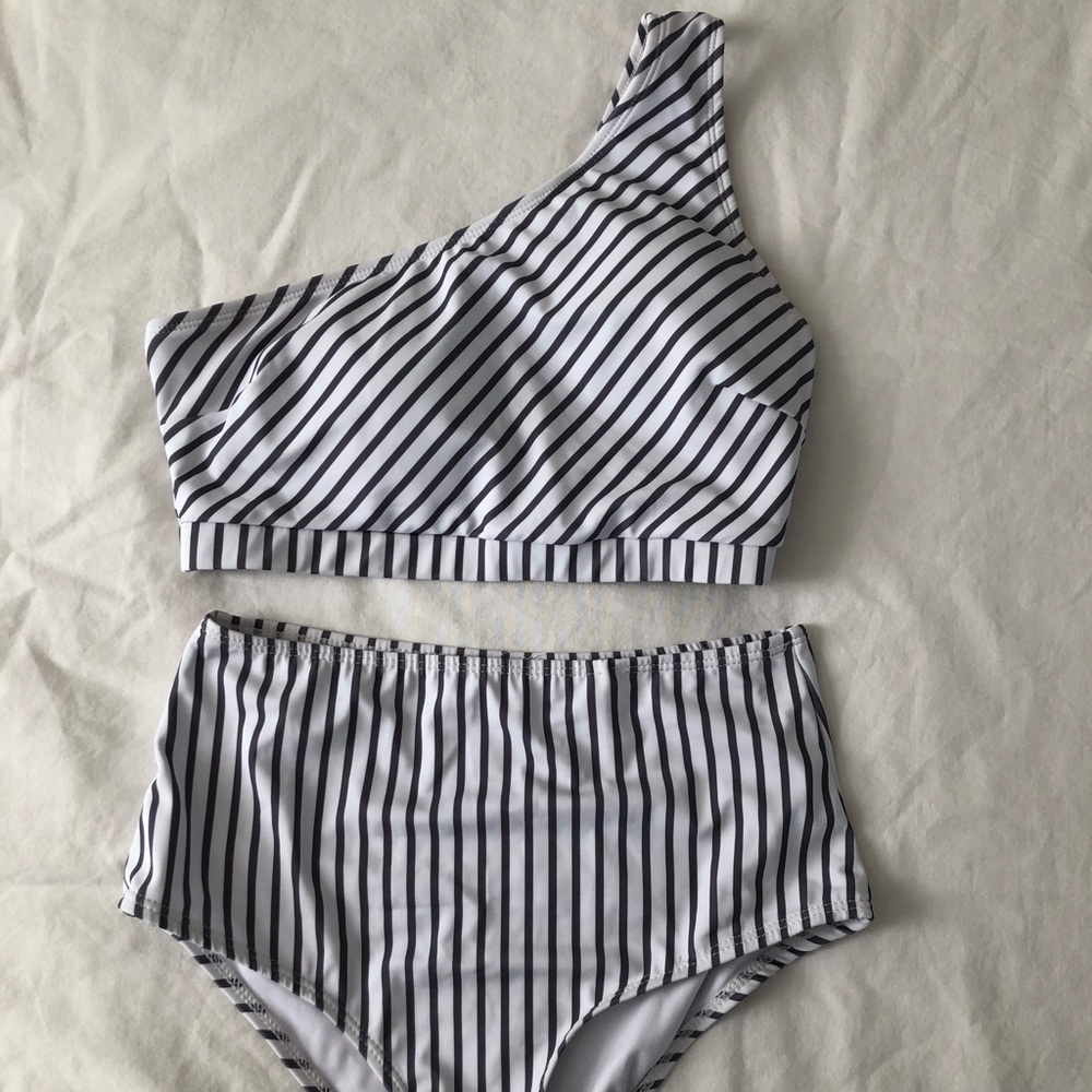 Striped High Rise Bottom One Strap Top Bikini